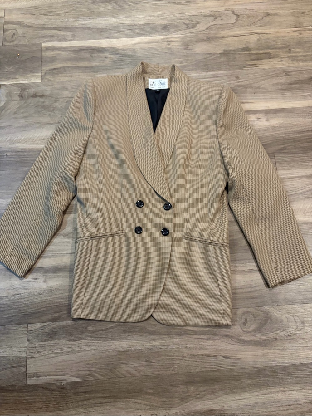 Le Suit Double-Breasted Shawl Collar Blazer in Beige with matching skirt